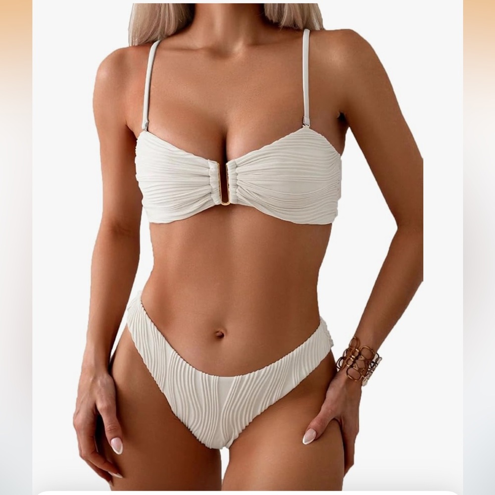 NWT Ribbed Bikini Set U Wire Adjustable Spaghetti Straps Swimsuit Textured